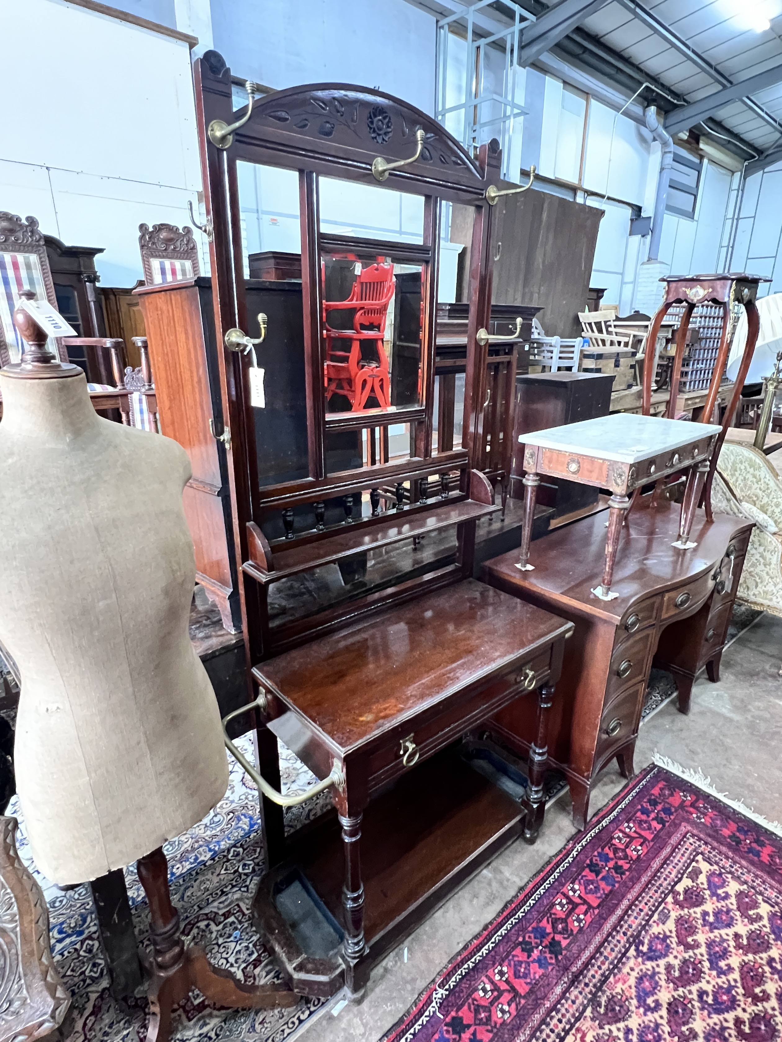 A late Victorian brass mounted mahogany hallstand, width 98cm, depth 39cm, height 194cm